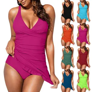 Women's Retro One-Piece Swim Dress - Twist Front Halter Open Back Tummy Control Bathing Suit for Beach & Sport Swimming Clothing Beach Open Back Halter Tankiniswimwear Tankinisuit, Bathing Suit Stylish Beachwear