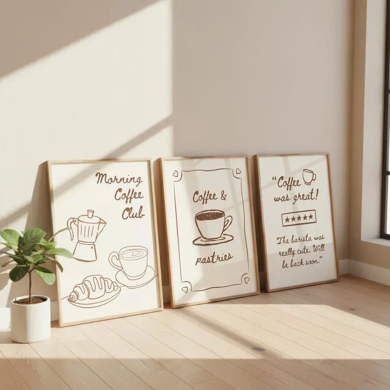 Neutral Coffee Abstract Prints Set of 3, Minimalist Kitchen Wall Art, Modern Coffee Posters, Beige Brown Cafe Décor