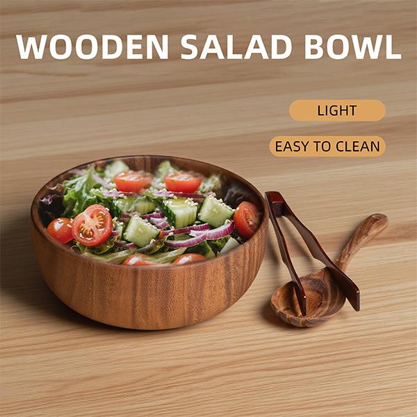 Salad Bowls, Wooden Salad Bowls Set, Large Acacia Wood Serving Bowl for Soup， Fruits，Popcorn，Big Salad Bowl with Serving Utensils（Includes a Spoon And a Pair Of Tongs.）