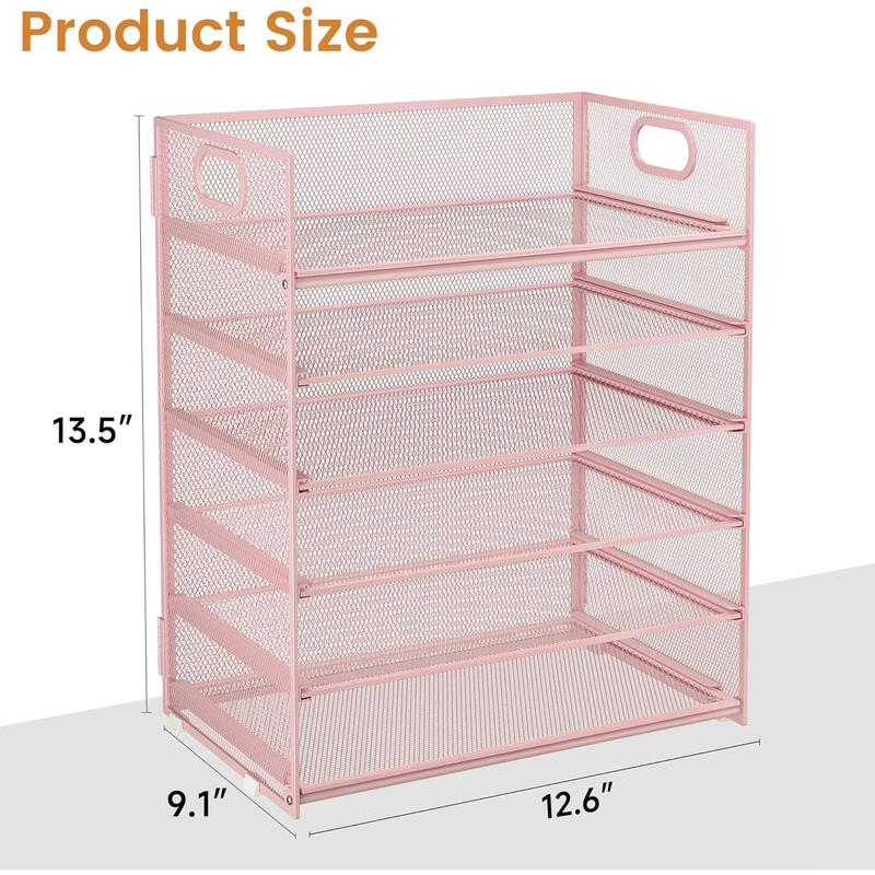 6 Tier Office File Paper Desk Tray Organizer with Handle, Stackable Slide Mesh Letter Tray Folder Pink Desk Organizer, Desktop Document Sorter for Classroom, Office, Home Supplies Storage