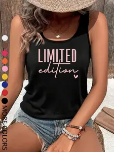 Women's Summer Letter Print Crop Top, Casual Style Loose Fit Sleeveless Vest, Round Neck Heart Pattern, Multicolor Options, All Seasons Wear