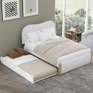 Full Size Bed Frame with Trundle, Upholstered Platform Bed W/Headboard,Wood Supporting Feet, No Box Spring Needed, White