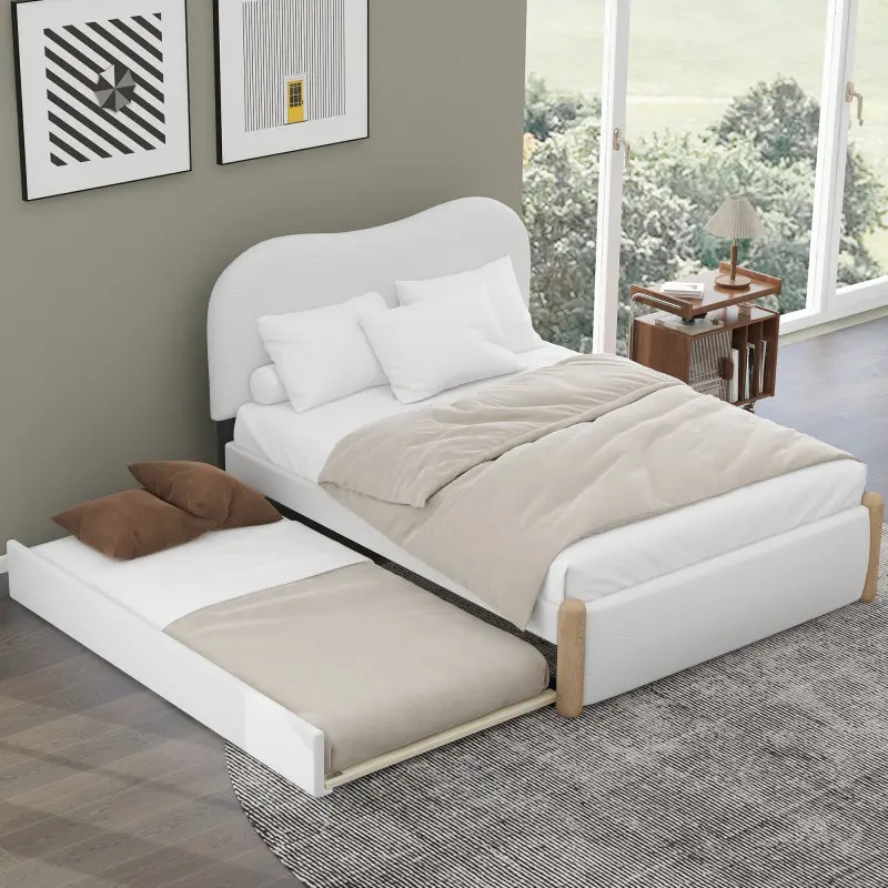 Full Size Bed Frame with Trundle, Upholstered Platform Bed W/Headboard,Wood Supporting Feet, No Box Spring Needed, White