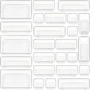 7pcs/16pcs/25pcs Clear Plastic Drawer Organizers Set, 4-Size Versatile Bathroom and Vanity Drawer Organizer Trays, Storage Bins for Makeup, Bedroom, Kitchen Gadgets Utensils and Office