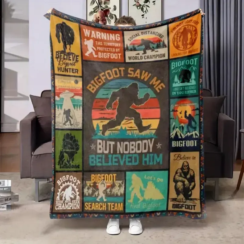Vintage Bigfoot Sasquatch Blanket, Funny Forest Creature Flannel Throw Print, Cozy Bed Couch Cover for Cabin Room, Outdoor Lodge Home Decor, Birthday Camping Gift for Cryptid Fans, Men, Women, Kids, Teens and Friends