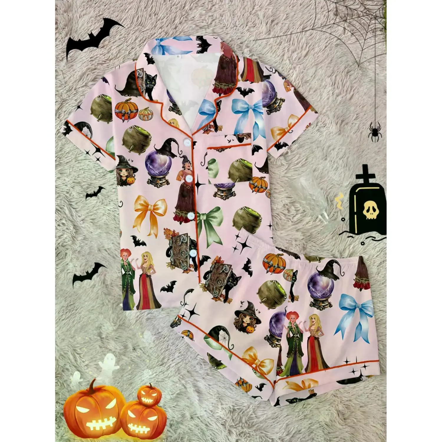 Women's Retro Halloween Pumpkin & Bat Print Pajama Set, Comfortable Outdoor Sleepwear, Casual Lounge, Party Gift, Homewear Loungewear Set