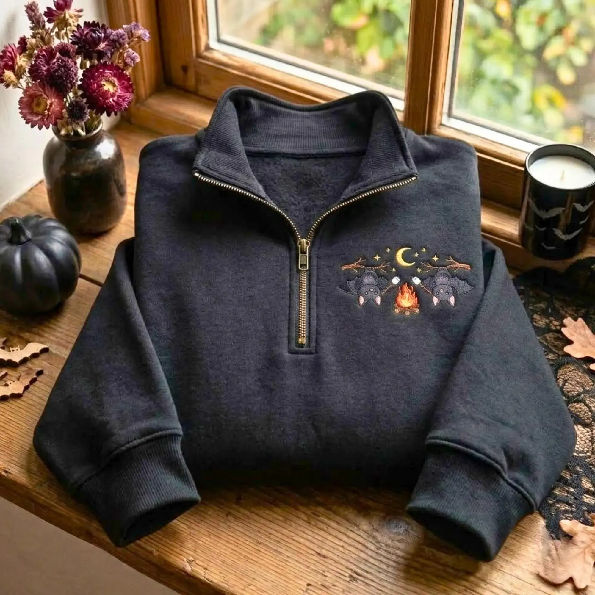 [Made in US] Bat Campfire Embroidered Quarter Zip Sweatshirt, Spooky Camping Crewneck Sweater