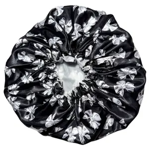 Child Satin Lined Adjustable Shower Cap - Black Tie