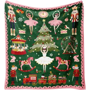 1pc Men's and women's blankets, green winter holiday, cute nutcracker Christmas tree blanket, soft and warm flannel blanket, suitable for living room, bed and chair decoration.