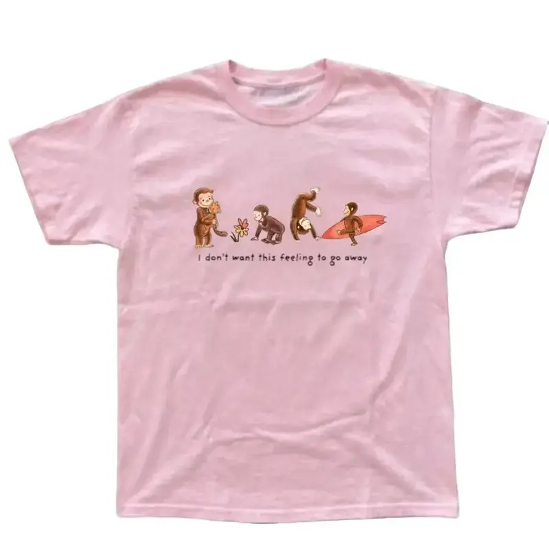 Vintage Curious George Monkey T-Shirt, Cute Animal Cartoon Pink Graphic Tee, Nostalgic 90s Summer Meme Shirt