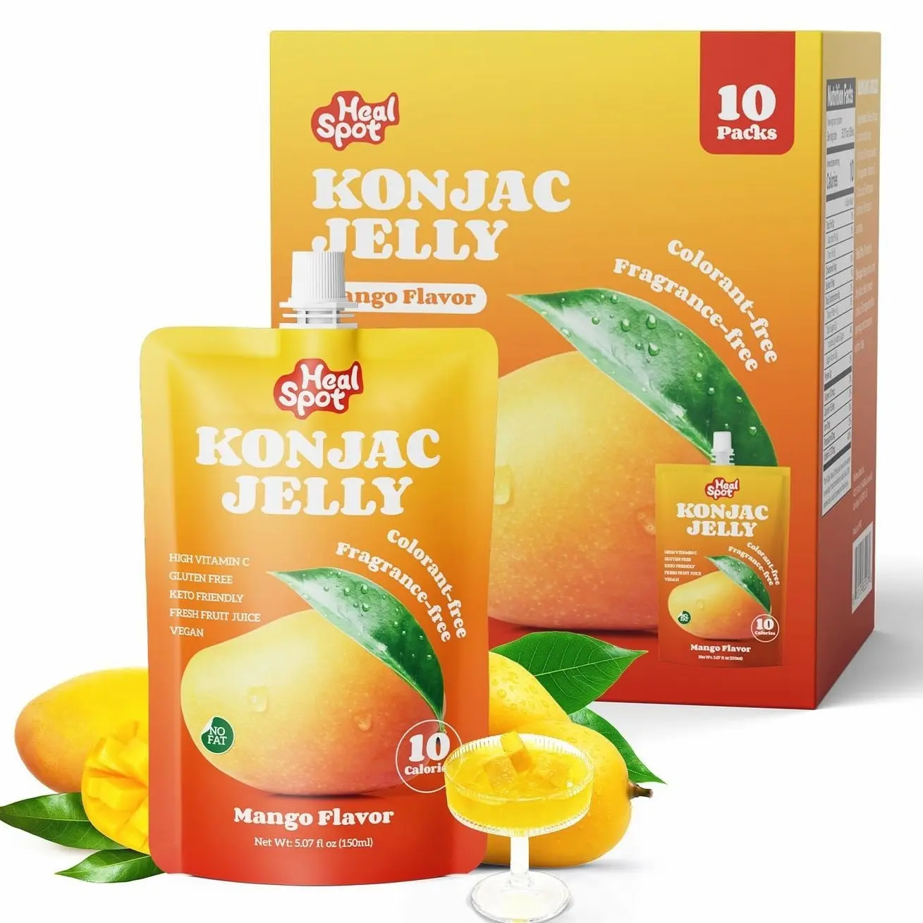 HealSpot Konjac Jelly, Infused with Collagen Drink, 0g Fat, Low Sugar, Low Calorie, 0 Additives, Healthy Drinkable Fruit Snack, 100% Natural Fruit Juice, Rich in Vitamin C, Mango Flavor (10 Packs)