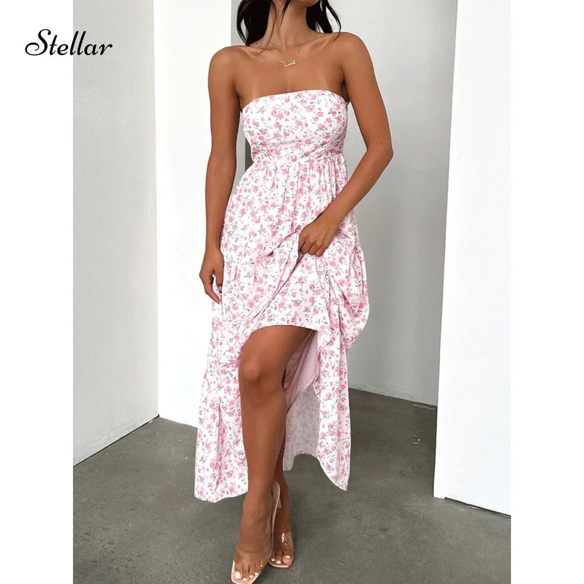Women Summer Tube Top Maxi Dress Blue Floral Print Strapless A-line Long  Dress For Becj Vocation Ladies Wear - TikTok Shop