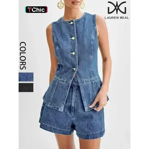 Women's Button Front Vest & Shorts Denim Two-piece Set, Casual Fitted Sleeveless Split Hem Top & Shorts for Daily Wear, Ladies Summer Clothes, Womenswear