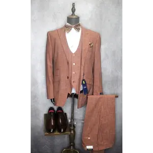 Men's Studio Ferera Cognac/Rust and Tan Textured Modern Fit 3PC Formal Suit