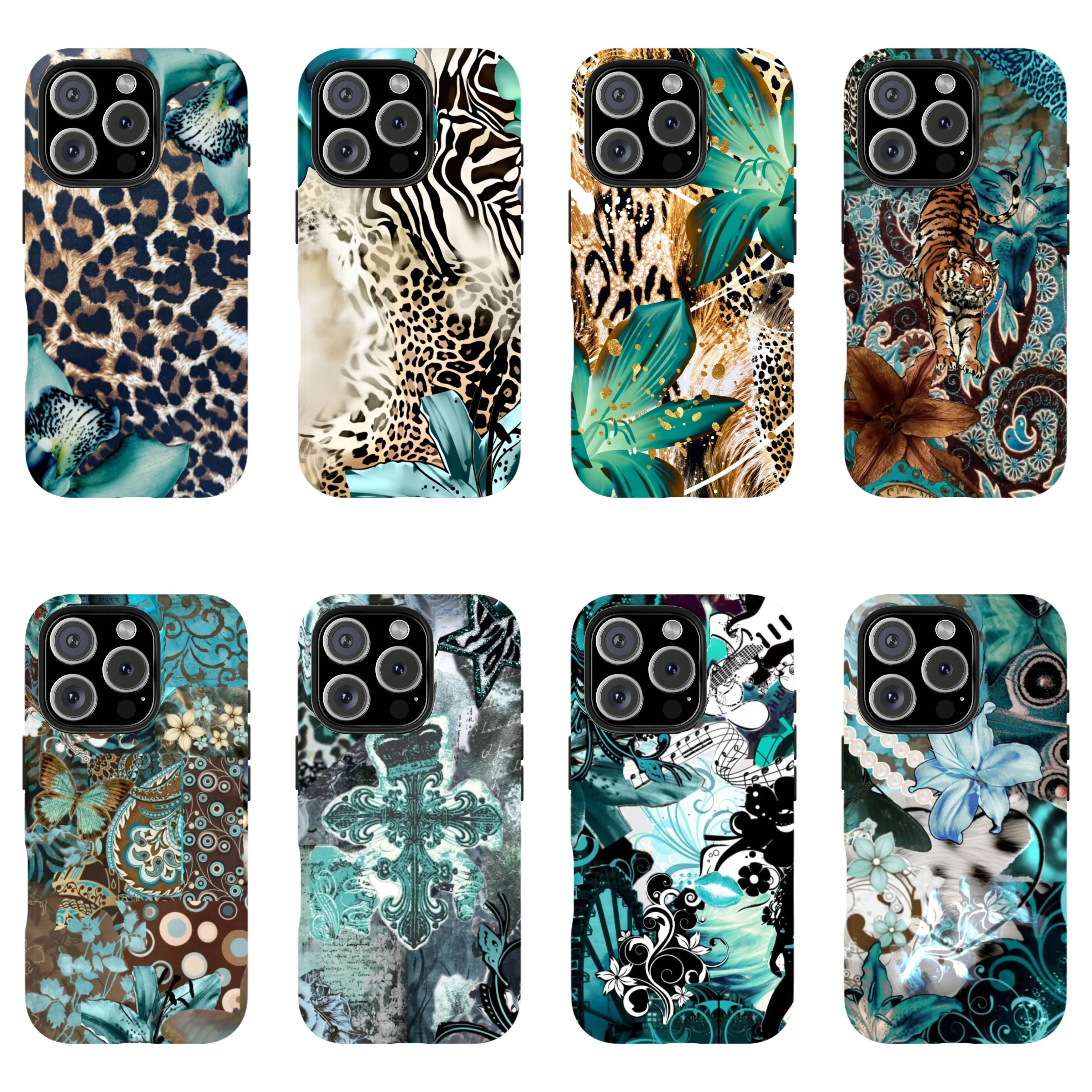 Vintage Teal Leopard Print Aesthetic Smartphone Case - Heavy Duty Non-Woven Boho Patchwork Protector with Zebra, Butterfly Collage Art, for iPhone 11-17 Pro Max/Plus, Samsung Galaxy S23-25 Mobile Accessories