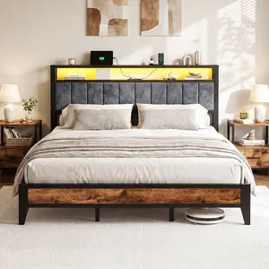 [Brandyday] DAYAGO LED Bed Frame with Storage Headboard & Charging Station, Upholstered Platform Bed Frame, Heavy Duty Metal Slats, No Box Spring Needed, Easy Assembly, Twin/Full/Queen/King Size