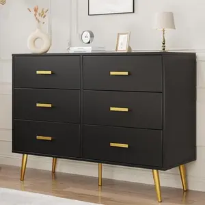6 Drawer Dresser, Modern Wooden Dresser with Gold Handles and Storage Space, Chest of Drawers for Bedroom, Hallway, Living Room and Entryway, Black