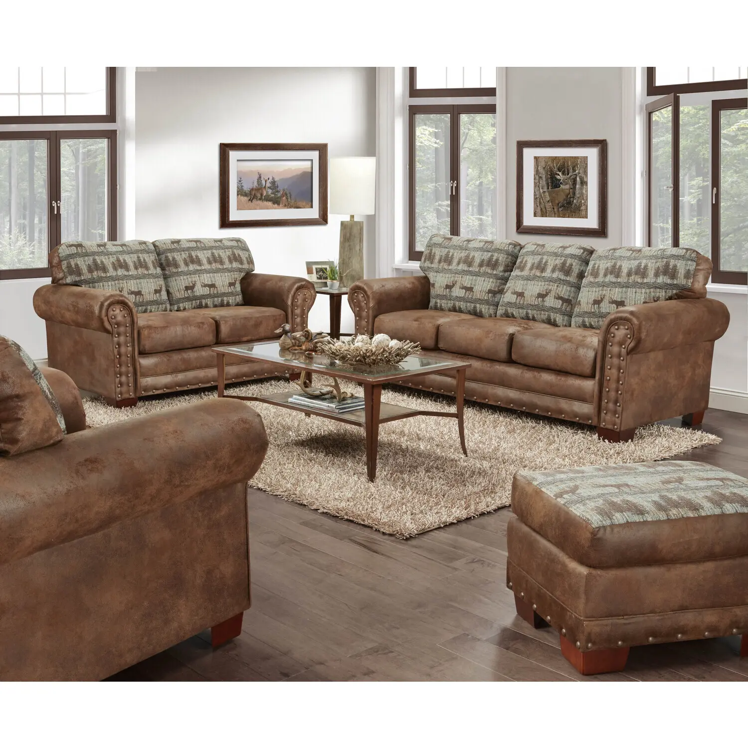 HomeStock 4-Piece Sofa Set - Lakefront Luxury Deer Teal Furniture Set with Cozy Fiber Fill, Foam+Fiber Cushion, Leather-Look Luxe Finish, Rustic Nailheads