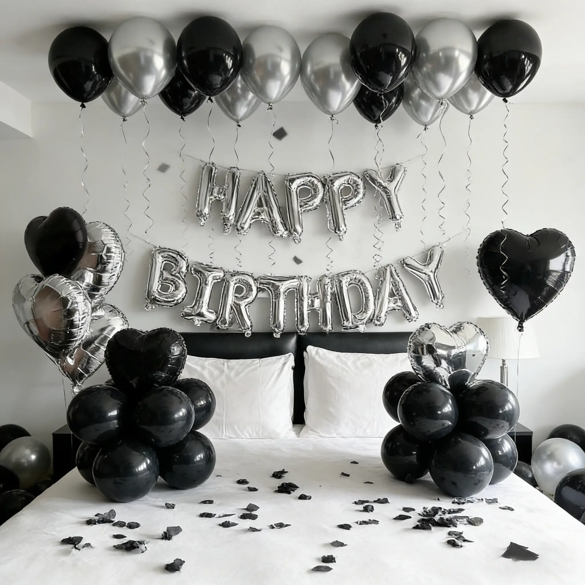 Birthday Balloon Set, Birthday Decorations, 16inch Silver Birthday Letter Balloons, 18inch Black Heart-shaped Aluminum Foil Balloons and Latex Balloons, Suitable for Birthday Party Decoration, Indoor Wall Decoration Celebration