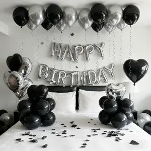 Birthday Balloon Set, 16inch Silver Happy Birthday Letter Balloons, 18inch Black and Silver Heart-shaped Aluminum Foil Balloons and Latex Balloons, Suitable for First Birthday Party Decoration, Indoor Wall Decoration Banner Celebration