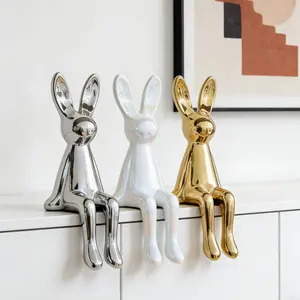 3-Piece Ceramic Rabbit Decorative Figurines, Easter Home Living Room Bedroom Office Decoration, Bookshelf Desk Ideal Gift, Modern Style