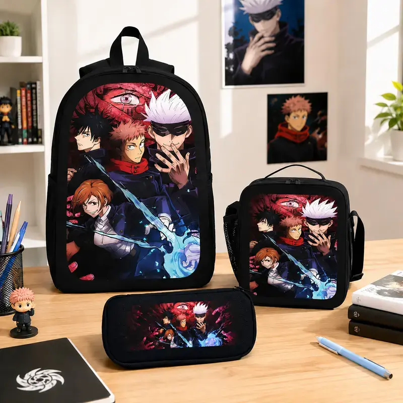 Jujutsu Kaisen Backpack Set Polyester Anime Backpack Lunch Bag Pencil Case Bookbag Back To School Travel Daily Carry Kids Teens Boys Girls Students Gojo Satoru Sukuna Fan Gift Cute Aesthetic Lightweight Durable TikTok Viral Trending