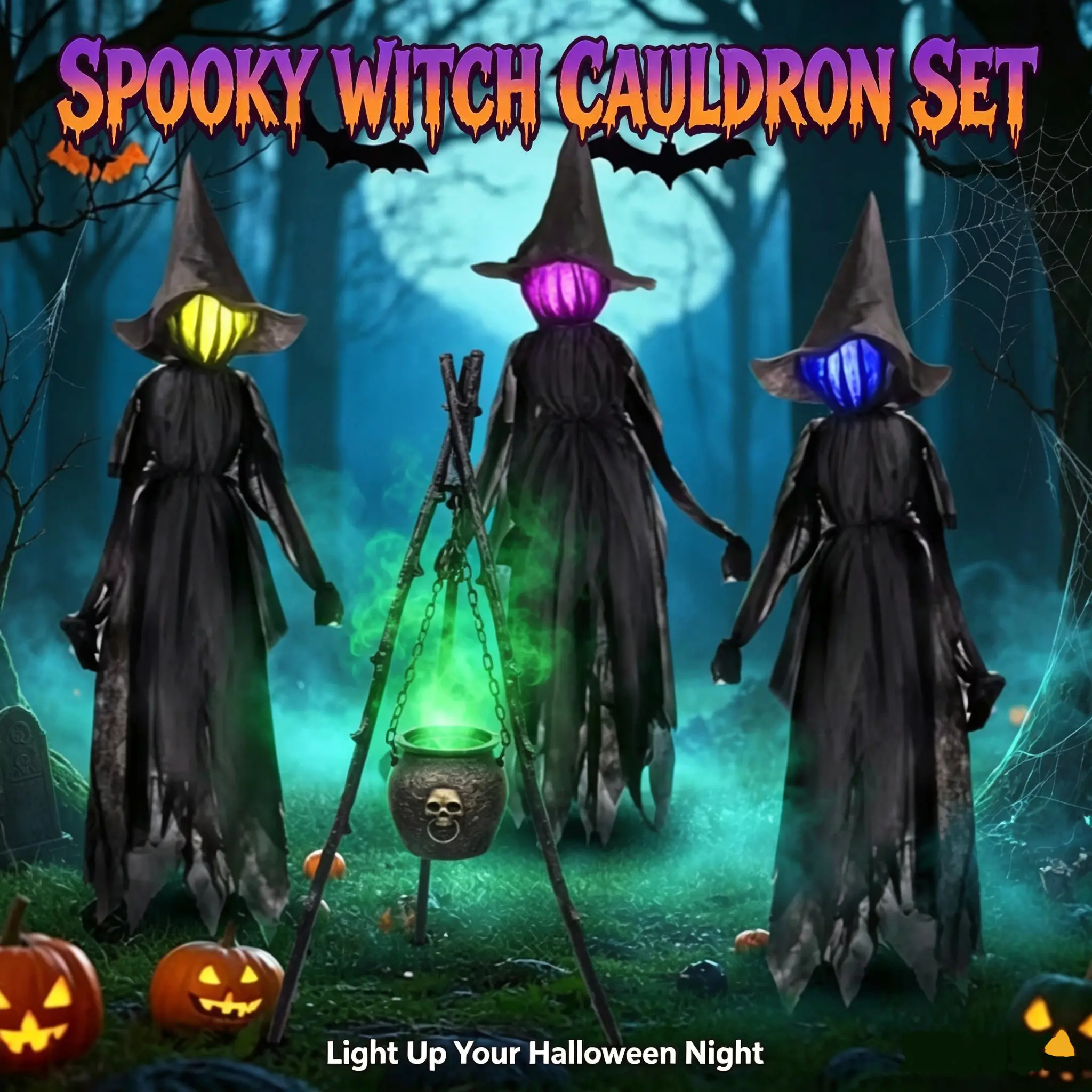 Set of 3 Lighted Halloween Witch Yard Stakes, Holding Hands Witch Decor, Outdoor Spooky Garden Lawn Porch Halloween Decorations for Home Party