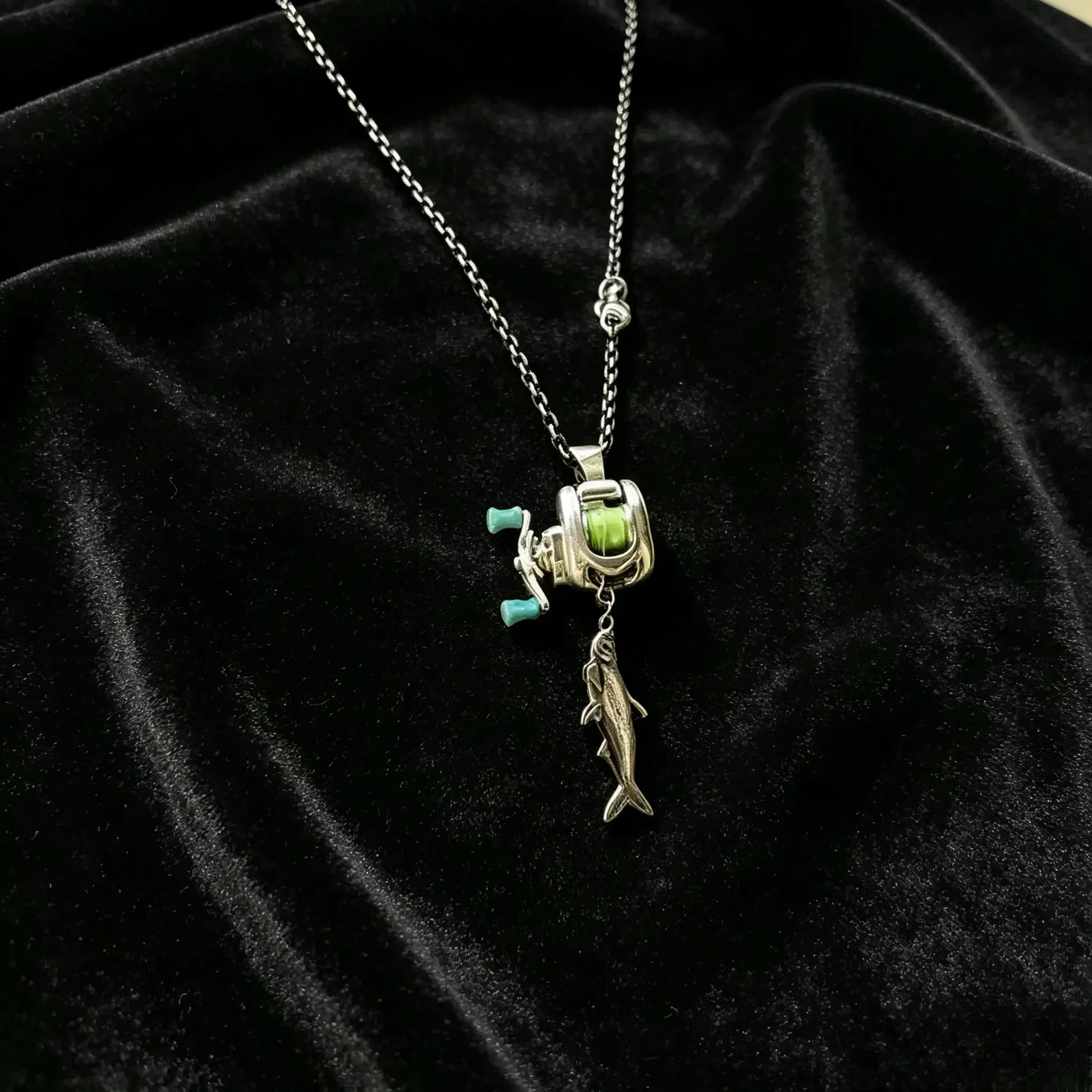 DeepJaw Outfitters 2-Piece Metallic Fashion Jewelry Set - Fishing Lure Necklace, Scroll-Detail Ring, Fishing Sports Gift for Anglers, Father's Day Present