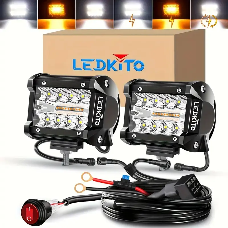 LEDKITO 4-in Adjustable Aluminum LED Light Bar Kit - 1× Rocker Switch Wiring Harness, 6-Mode Super Bright Off-Road Car Lights for Trucks/SUV/ATV, Jeep Accessories