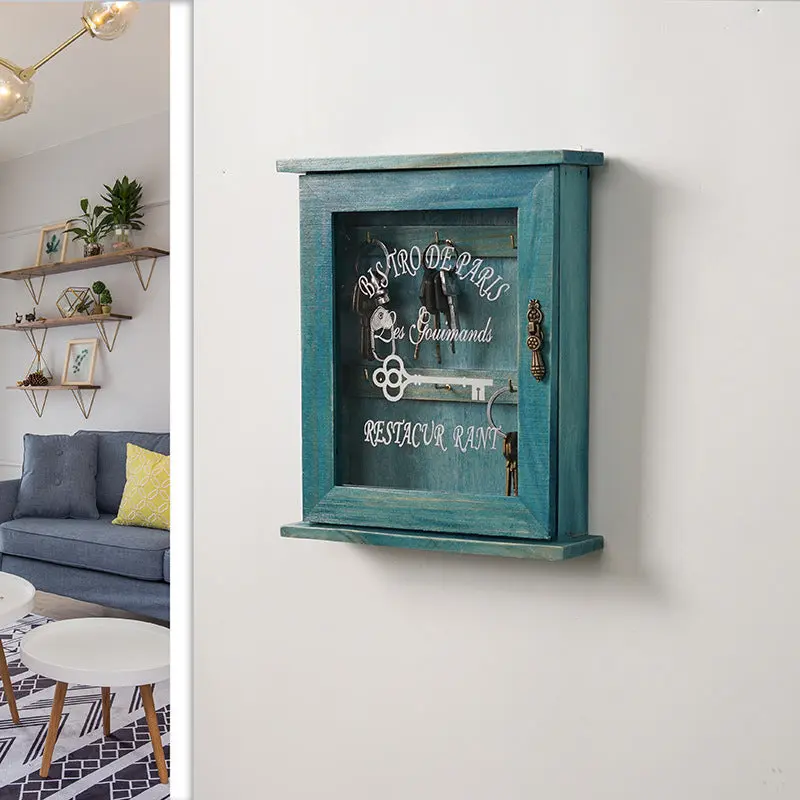 Vintage Wooden Cabinet Key Holder with Hanging Hooks