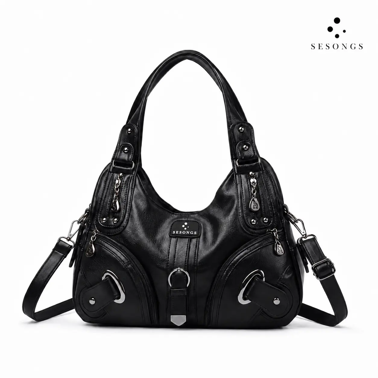 SESONGS Large Hobo Bag for Women, Oversized Black Shoulder Purse with Detachable Long Strap, Large Capacity Zip Handbag