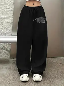 Unisex Letter Print Drawstring Waist Knit Sweatpants, Casual Comfy Loose Fit Pants for Daily Wear, Unisex Bottoms for All Seasons, Womenswear