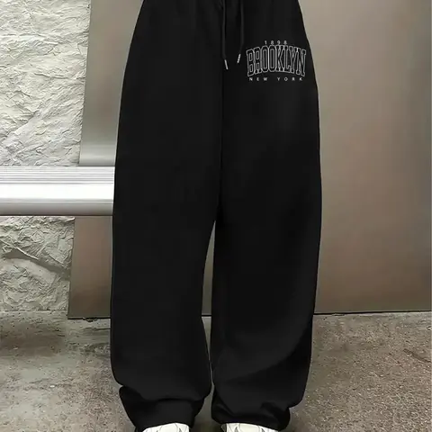 Unisex Letter Print Drawstring Waist Knit Sweatpants, Casual Comfy Loose Fit Pants for Daily Wear, Unisex Bottoms for All Seasons, Womenswear, Casual Fashion Bottoms