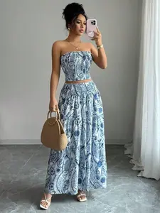 Women's Full-Body Print Strapless Casual Elegant Beach Wedding 2-Piece Set, Summer Style Top and Skirt Combo Womenswear