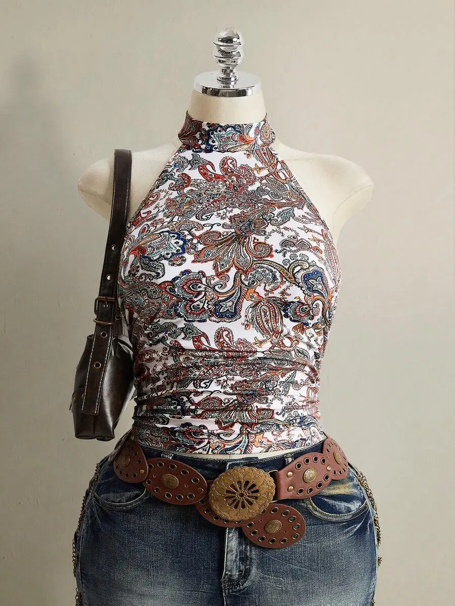 Plus Size Halter Top Backless Floral Print Cami Slim Fit for Country Concert and Night Out