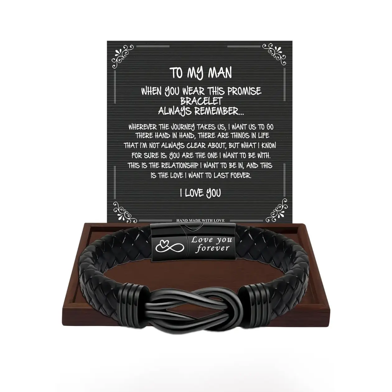 Brown woven leather stainless steel infinity bracelet, engraved with "Love you forever," is a gift for son, grandson, husband, boyfriend, brother, symbolizing forever being closely connected, a gift for couples, a gift for men