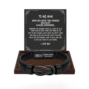 Brown Woven Leather Infinity Bracelet Engraved Love You Forever Fashion Wrist Accessory Perfect Gift for Son Grandson Husband Boyfriend Brother Couple Daily Casual Jewelry