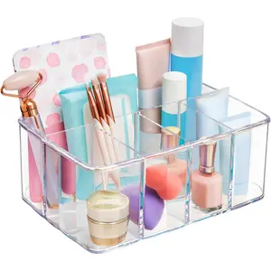 5-Compartment Clear Plastic Organizer |   Rectangular Divided Makeup and Vanity Storage Bin and Office Desk Caddy |   Scalloped Wall Design |   Made in USA