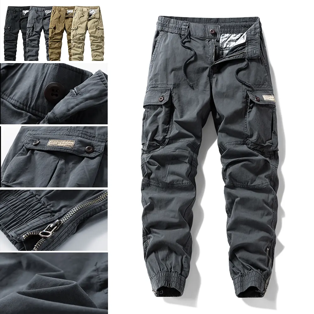 Men's Outdoor Cargo Work Pants, Tactical Heavy-Wash 100% Cotton with Multiple Pockets and Adjustable Zipper Cuffs, Outdoor Work, Workwear, Ankle Length, Long Pants