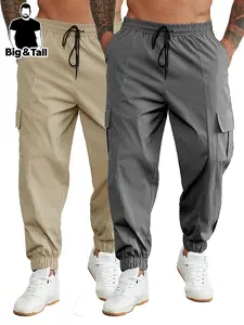 Large Size Men's Drawstring Cargo Pants Set, Two-Piece, Side Flap Pockets, Comfortable Material, Essential for Home and Outdoors