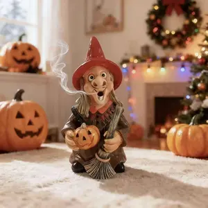 Resin Witch Figurine with Expressive Face & Red Hat - Self-Standing Gothic Decor with Broomstick & Cauldron Accessory, No Batteries/Electricity, Spooky Home Decoration for Year-Round Display, Home Decor Statue