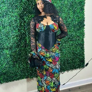 Ankara Dress with Lace Sleeves and Colorful Leaf Print for Stylish Outfits Womenswear