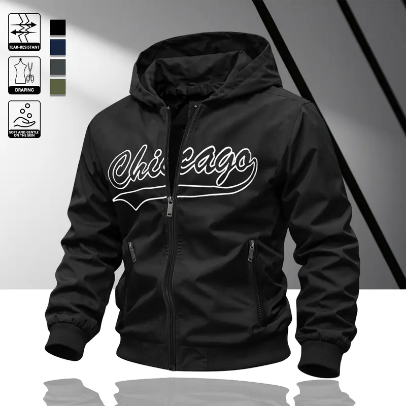 Men's "Chicago" Hooded Zip Jacket - Light Thin Windproof Casual Street Baseball Style Top for Daily Commuting Sports Leisure Outdoor Wear Spring Summer Versatile Jacket