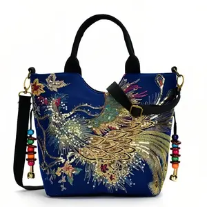 Outdoor Embroidered Bag Canvas Peacock Embroidery Shoulder Portable Diagonal Package Satchel Handbags Purse Good luck, auspiciousness, Chinese style