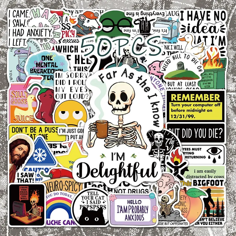 50pcs Snarky Meme Aesthetic Vinyl Sticker Pack, Funny Sarcastic Quote Stickers for Water Bottle, Smartphone Case, Journal and Scrapbook DIY Decoration