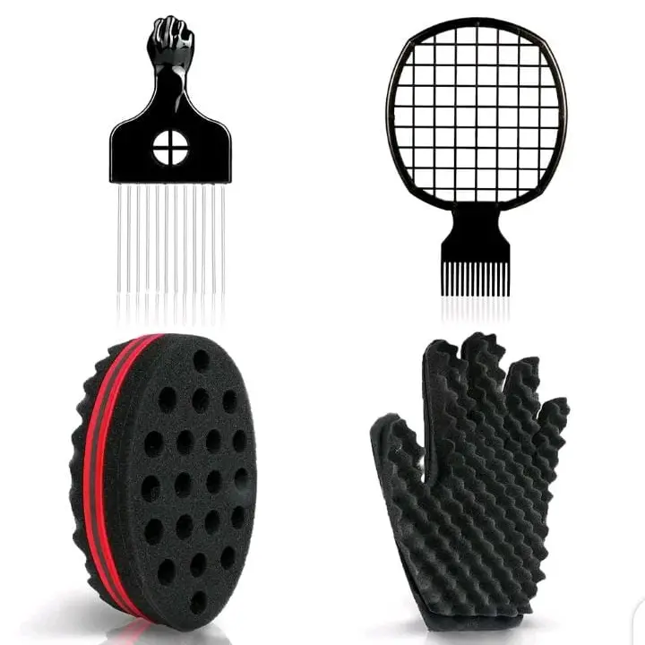 Unisex Washable Curl Sponge Hair Styling Accessories Set - Glove, Metal Pick, Twist Comb, Big-Hole Barber Brush, Curly Hair Brush for Heatless Curl Enhancement & Dread Locking Twist Relaxed Styles