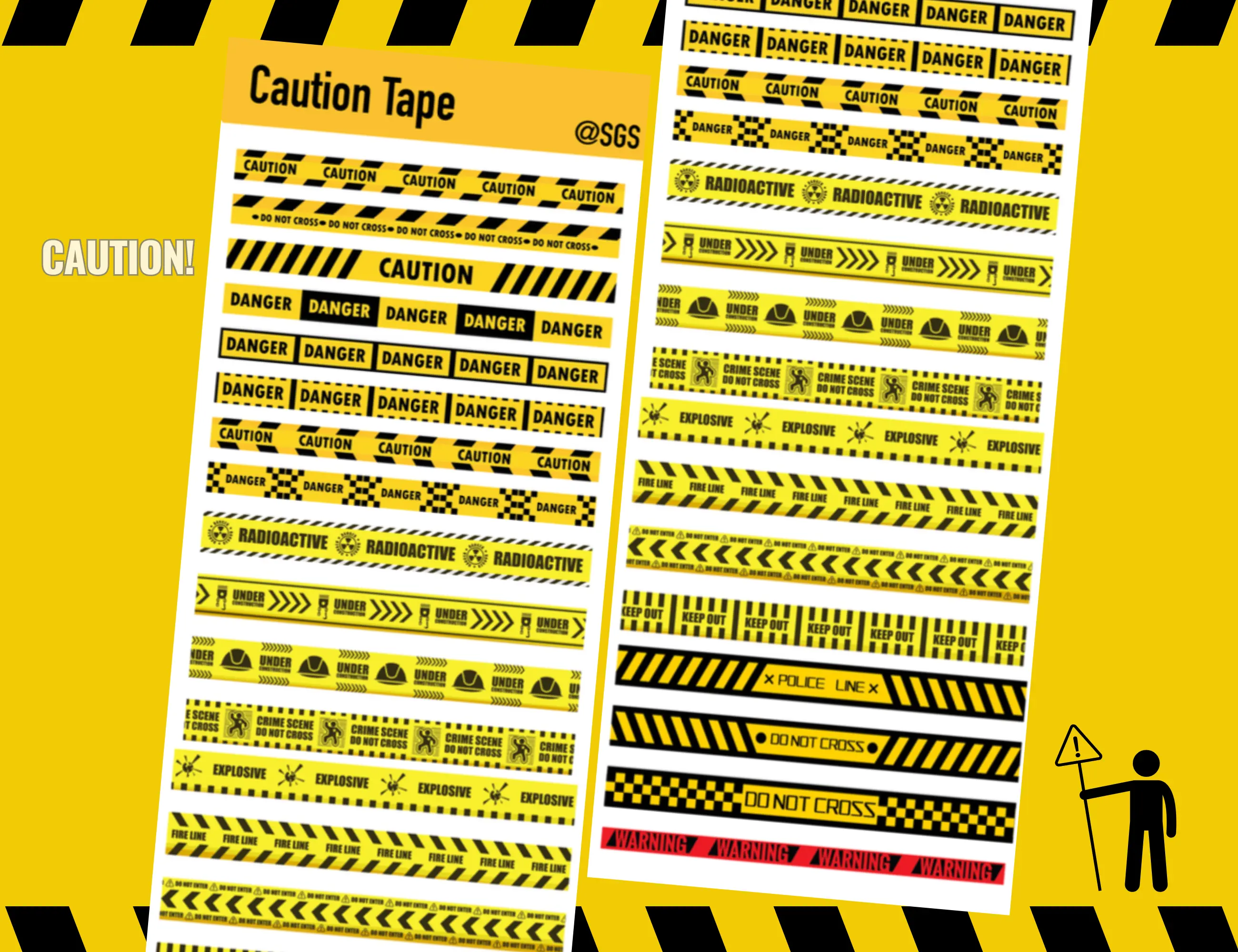 Caution Tape Sticker - Yellow and Black Design, Clear Window for Viewing, Ideal for Safety Communication