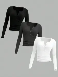 Women's Slim-Fit Long Sleeve Round Neck Casual Fashion Top, Spring & Fall Polyester Fabric Three-Piece Set, Elegant Daily Wear