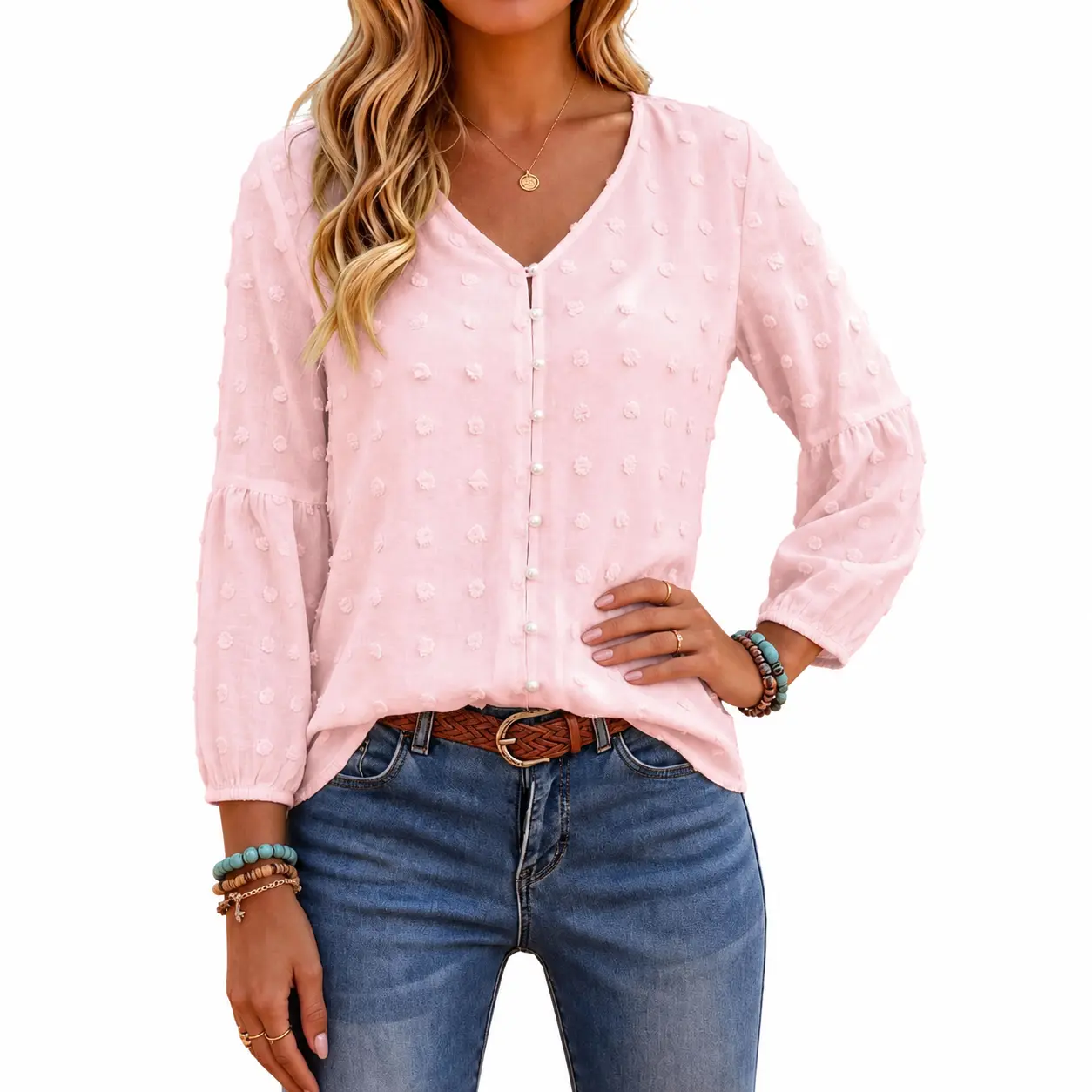 Flamingals Solid Swiss Dot Pearl Button Up V Neck Three Quarter Length Sleeve Blouse
