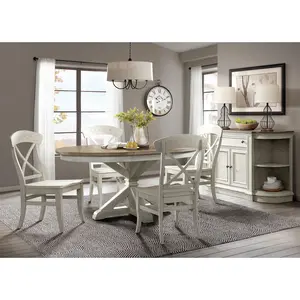 Roundhill Furniture Harola 7-Piece Dining Set, Round Pedestal Dining Table with 18" Leaf, 6 Side Chairs